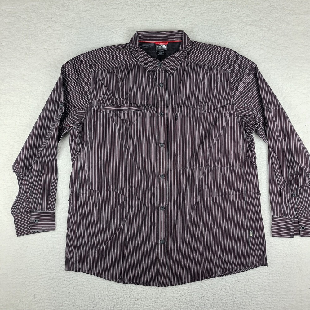 The North Face Shirt Mens XL Dark Brown Gray Red Striped Vented Dress Button Up